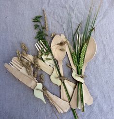 several forks and spoons with plants on them