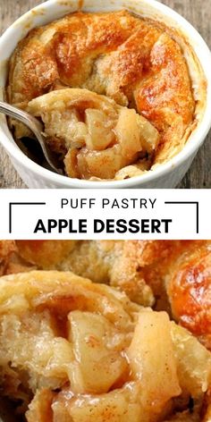 two pictures with different types of desserts in them and the words puff pastry apple dessert