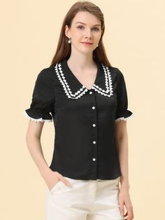 Shop Allegra K for sweet peter pan contrast collar short sleeve button up blouse tops you are looking for, get more women's blouses for yourelf. Order now! Free Returns! Chelsea Boots Women, Black Velvet Dress, Women's Blouses, Blouse Tops, Tops Black, Denim Midi Skirt, Tweed Dress, Button Up Blouse, Contrast Collar