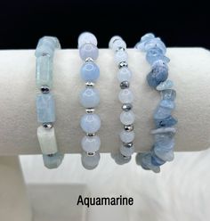 Ready to ship 7 1/4" stretchable bracelet made from Genuine Aquamarine Gemstones, Stainless Steel & Glass Crystals w/ Optional Charm  **One Charm can be changed upon request. I can send pictures of charms I have in stock, just send me a message or note when ordering* --Types Of Charms: Alphabet Letter, Anchor, Animal, Awareness Ribbon, Bird, Birthstone, Bumble Bee, Butterfly, Celtic Knot, Cat, Cross, Crown, Crystal, Dragonfly, Elephant, Evil Eye, Feather, Flower, Hamsa Hand, Heart, Hope Ribbon, Different Types Of Bracelets, Types Of Bracelets, Animal Awareness, Crown Crystal, Hand Heart, Bracelets Design, Feather Flower, Beads Bracelet Design, Jewelry Accessories Ideas