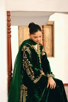 Agra Velvet Green Velvet Dress Pakistani, Agha Noor Bridal, Velvet Suit Design, Agha Noor, Wedding Saree Collection, Punjabi Outfits, Bridal Studio, Fashion Drawing Tutorial, Green Velvet Dress