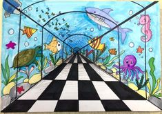 a drawing of an underwater scene with sea animals and fish in the background, on a black and white checkerboard floor