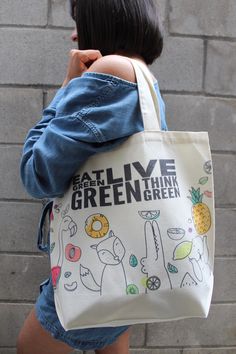 "Strong and stylish tote bags with inspirational designs and quotes! Size: 15.5\"x13.5\"x 5\" Care: Please Hand wash in cold water and gentle soap, air dry." Eco Christmas Gifts, Eat Green, Kraft Paper Wrapping, Painted Tote, Printed Canvas Tote Bag, Brand Stickers, Market Bags, Stylish Tote Bag, Cat Bag