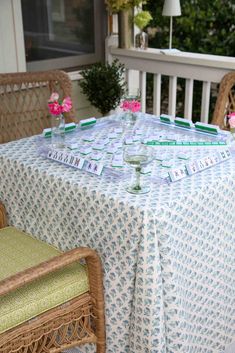 Mahjong set on block printed tablecloth Game Night With Friends, Nashville Apartment, Card Tables, Dinner Party Games