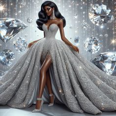 a woman in a silver dress with diamonds on the floor and behind her is a backdrop