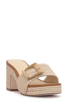 An oversized buckle details the vamp of an espadrille-inspired slide sandal lifted by a jute-wrapped platform and block heel. 3" heel; 3/4" platform Textile upper/synthetic lining/rubber sole Imported Beige Buckle Closure Wedge Sandals For Summer, Summer Closed Toe Mules With Buckle Closure, Chic Sandals With Tang Buckle For Vacation, Summer Mules With Tang Buckle And Round Toe, Beige Wedge Sandals With Buckle For Vacation, Chic Wedge Sandals With Buckle For Vacation, Beige Wedge Sandals With Buckle Closure For Vacation, Summer Espadrille Wedge Sandals With Buckle Closure, Casual Straw Wedge Sandals With Buckle Closure