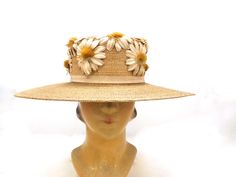 This gorgeous womens' Victorian antique straw hat with its wide brim and large crown is a rare find, indeed! The large crown is accented with applied organdy daisies with yellow chenille centers- defi Vintage Straw Hat For Royal Ascot, Vintage Straw Hat For Royal Ascot Garden Party, Vintage Straw Hat For Beach And Royal Ascot, Vintage Straw Hat For Garden Party And Royal Ascot, Vintage Handmade Straw Hat For Garden Party, Vintage Brimmed Straw Hat For Royal Ascot, Vintage Straw Hat With Curved Brim For Royal Ascot, Vintage Brimmed Boater Hat For Spring, Vintage Straw Hat For Spring Wedding