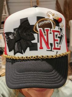 Stand out in the stadium with this one-of-kind NE Trucker Hat. *Each one varies slightly. Cheer Hats Ideas, Hat Bar, Patch Hats, Hat Party, Painted Hats, Womens Ministry, Hat Ideas, Diy Hat, Kids Sports