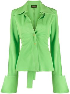 apple green spread collar ruched detailing front button fastening long sleeves oversized cuffs rear tie fastening Apple Green Outfit, Ruched Shirt, Versace Outfit, Tumblr Fashion, Apple Green, A K, All Fashion, Denim Dress, Red Leather Jacket