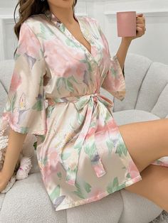 Floral Printed Satin Bathrobe Multicolor Elegant  Three Quarter Length Sleeve Satin All Over Print Robes Non-Stretch All,Fall/Winter Women Sleep & Lounge, size features are:Bust: ,Length: ,Sleeve Length: Silk Bathrobe, Women Robes, Summer Loungewear, Kira Kosarin, Printed Robe, Fairy Figurines, Women's Robe, Satin Pyjama Set, Women Nightwear