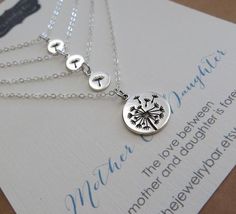 Mother 3 daughter jewelry, Dandelion charm necklace set, sterling silver or bronze, gift for mom, na Dainty Dangle Jewelry For Mother's Day, Hypoallergenic Sterling Silver Necklace For Best Friend Gift, Adjustable Hand Stamped Necklace, Hypoallergenic Sterling Silver Necklace For Best Friend, Silver Sterling Jewelry For Best Friend Gift, Mother's Day Hand Stamped Sterling Silver Charm Necklace, Hand Stamped Sterling Silver Charm Necklaces For Mother's Day, Sterling Silver Hand Stamped Charm Necklace For Mother's Day, Minimalist Dangle Jewelry For Mother's Day