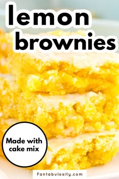 lemon brownies are stacked on top of each other with the words made with cake mix