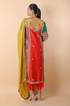 Multi-colored kurta with floral, thread and mirror embroidery. Comes with dhoti pant and a dupatta. - Aza Fashions Silk Set With Multicolor Resham Embroidery, Silk Sets With Multicolor Resham Embroidery, Bollywood Style Silk Kurta For Transitional Season, Traditional Slub Silk Kurta With Dabka Work, Raw Silk Kurta With Mirror Work For Festivals, Festival Kurta With Mirror Work In Raw Silk, Designer Silk Kurta With Mirror Work, Transitional Silk Salwar Kameez With Zari Work, Transitional Raw Silk Kurta With Dupatta