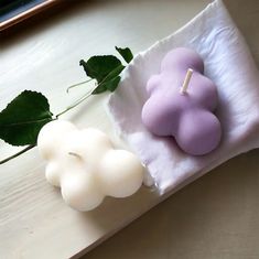 two small candles sitting on top of a napkin next to a green leafy plant