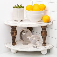 PRICES MAY VARY. ✅ WHITE WOOD CORNER SHELF 2PC SET: Perfect for organizing spice jars, toiletries & more, this home decorating bundle includes a pair of stackable corner shelves (one with 2" round feet, one with 5.5" brown spindle legs). ✅ MOSTLY PRE-ASSEMBLED; EASY DIY: Assembling the 8” deep shelving units couldn’t be easier. Since the wood shelves are already pre-assembled for the most part, all you’ll have to do is screw in the legs. Quick & easy DIY. The shelving set includes 2 Corner Counter, Wood Corner Shelves, Stackable Shelves, Countertop Bathroom, Farmhouse White, Pine Timber, Countertop Organizer, Pedestal Stand, Kitchen Counter Decor