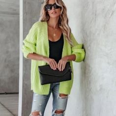 Nwt Zara Neon Green Long Open Chunky Cardigan Small Neon Cardigan Outfit, Zara Casual V-neck Outerwear, Green V-neck Cardigan For Day Out, Trendy Green Open Front Cardigan, Trendy Zara Cardigan For Layering, Green Cardigan For Day Out, Casual V-neck Zara Outerwear, Casual V-neck Outerwear By Zara, Green Solid Color Spring Cardigan