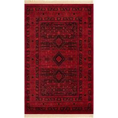 a red and black rug with an intricate design on the bottom, in front of a white background