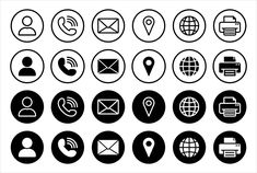 a set of black and white icons with different types of symbols in circles on them