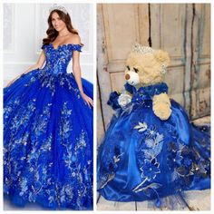 "Custom Personalized Quinceanera Bear/Last Doll/Oso made to look just like the quinceanera's dress. Attention to detail is my forte.  Includes the 20\" bear, dress, tiara, lashes, bouquet and jewelry. Please allow more than 8 weeks to make the bear.  May be longer during peak season.  Please message me with the following information: - Pictures of the front and back of the dress. - Color description as sometimes the pictures may appear differently.  - Date of the Quinceanera - Color of accessori Matching Quinceanera Dresses, Quince Bears, Quinceanera Bear, Quinceanera Blue, Bear Dress, Royal Blue And Gold, Accessories Silver, Sweet 15, Doll Stands