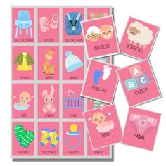 a pink poster with pictures of babies and their names in spanish on the bottom right corner