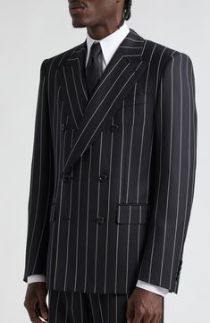 Stefano Gabbana and Domenico Dolce are at the top of their tailoring game, and it shows on this runway-featured double-breasted blazer in pinstriped wool. Double-breasted button closure Peaked lapels Four-button cuffs Chest welt pocket; front flap pockets Back vent Silk lining 100% wool Dry clean Made in Italy Designer Clothing Graduation Suit, Mullet Wig, Spring Wardrobe Essentials, Stefano Gabbana, Pinstripe Suit, Prom Outfits, Well Dressed Men, Double Breasted Blazer, Double Breasted Suit