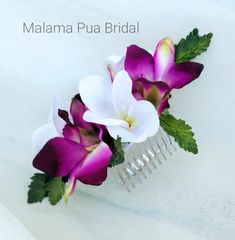 TROPICAL HAIR COMB, Hair accessory, Tropical, Orchids, Headpiece, Hawaiian, Hair flower, Beach Wedding, Fascinator,  hair piece, bridal clip by MalamaPuaBridal on Etsy Flower Beach Wedding, Beach Bridesmaid Hair, Blush Wedding Centerpieces, Hawaiian Crafts, Beach Bridesmaids, Fascinator Hair