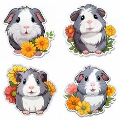 four stickers with animals and flowers on them