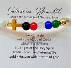 salvation bracelet – stax by jami Salvation Bracelet, Blood Of Christ, Christian Crafts, Color Meanings, Handmade Jewelry Tutorials, Blue Gift, Message Card, Jewelry Tutorials, Bead Crafts