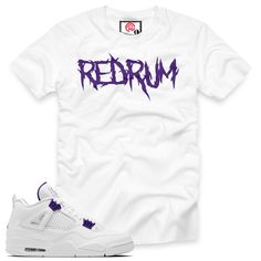 "Metallic Purple 4 Redrum T-Shirt with print on a premium 100% cotton true to size regular classic fit available in purple / white short sleeve t-shirt design for the Air Jordan 4 Retro \"METALLIC PURPLE\" 2020. Wear this comfortable short sleeve T-shirt on any occasion. (sneakers shown not included) REDRUM CLOTHING is a independent sneaker based lined to compliment all Jordans/Foamposite or any shoe we do not have any affiliation with Air Nike/Jordan brand. True to size Regular fit T-shirt 100% Jordan4 Outfit, Jordan 4 Retro Metallic Purple, Jordan 4 Retro Metallic, Air Nike, All Jordans, Foam Posites, Jordan 4 Retro, Air Jordan 4, Air Jordan 4 Retro