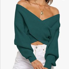 Emerald Green Multi Wear Sweater Off Shoulder Wrap Style V Neck Size L A Little More Teal Looking Irl Wrap Front Sweater, Crossover Sweater, Cross Sweater, Long Sleeve Sweaters, Stylish Skirts, Pullover Sweater Women, Wrap Sweater, Knitted Pullover Sweaters, Sweater Fashion