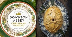 two plates with christmas food on them and the cover of downton abbey christmas cookbook