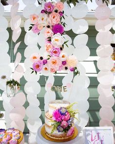 a table topped with a cake covered in pink and purple flowers next to a sign that says first birthday girl party