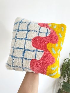 a hand holding up a colorful pillow in front of a potted plant