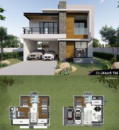 two story house plan with three cars parked in front