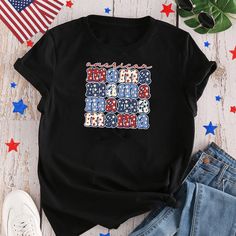 [DESIGN INSPIRATION]: The custom T-shirt uses the colors and star elements of the American flag, allowing the wearer to express their support and commemoration of the Independence Day of the United States, as well as the pursuit of the American spirit of freedom and the pride of being an American. Patriotic Black T-shirt With Letter Print, Black Patriotic T-shirt With Letter Print, Memorial Day Multicolor Flag Print Top, Multicolor Flag Print Top For Memorial Day, Multicolor Crew Neck T-shirt With American Flag Print, Multicolor Flag Print Tops For Memorial Day, Patriotic Multicolor T-shirt With Graphic Print, Patriotic Multicolor Graphic Print T-shirt, Multicolor American Flag Print Top For Memorial Day