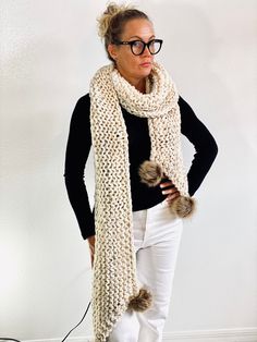 Oversized extra long ribbed scarf, shawl, shoulder wrap, neck warmer. - Luxurious super soft and warm 20/80 Wool/Acrylic yarn blend in cream color (other colors and yarns available).  - Handmade in the USA - over 8 feet long, 8 inched wide  - Care: Machine washable, cold water (gentle cycle) and dryable. Winter Chunky Knit Shawl, One Size, One Size Chunky Knit Shawl For Winter, One Size Chunky Knit Winter Shawl, Handmade Cozy Shawl For Winter, Handmade Cozy Winter Shawl, Winter Knitted Yarn Shawl, Cozy Handmade Winter Shawl, Hand Knitted Beige Shawl For Winter, Hand Knitted Beige Winter Shawl