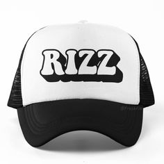 New Hat. For Men Or Women. Rizz Graphic Foam Trucker Hat In Black And White. Lightweight Poly-Foam Trucker Cap With Mesh Back Curved Bill Visor For Optimal Shading Adjustable Plastic Snap Strap Rope Braid Detail Adult Unisex One Size Fits Head Circumferences Up To 60cm Style Tags # Groovy Sassy Fun Retro Black Print Sayings Meme Slang Baseball Hat Cap Vacation Travel Hot Weather Guys Mens Womens Teens Casual Outdoors Original Custom Cool Unique Handmade Trendy Active Split Color Fall Autumn Spri Unique Beanies, White Fedora, Carhartt Hat, Rope Braid, Pirate Hats, Hat For Men, Grey Beanie, Vacation Travel, Baseball Hat