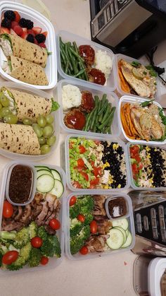 a table topped with lots of plastic containers filled with different types of vegetables and meats