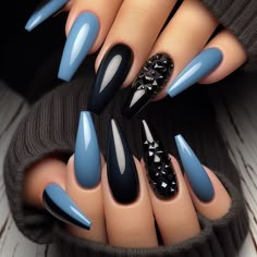 Blue Black Nails Short, Nails Black Coffin, Coffin Nails Black, Coffin Nails Short, Classy Coffin Nails, Summer Coffin Nails, Nail Sunny, Blue Stiletto Nails, Nails Short Coffin