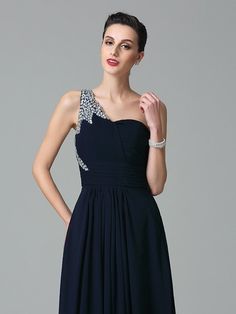 A-Line/Princess One-Shoulder Rhinestone Sleeveless Long Chiffon Dresses Sleeveless Chiffon Evening Dress For Prom Season, Sleeveless Evening Chiffon Dress For Prom Season, Sleeveless Evening Chiffon Dress For Prom, Glamorous Sleeveless Chiffon Dress, Glamorous Embellished Sleeveless One-shoulder Dress, Sleeveless Evening Dress With Rhinestones For Banquets, Embellished Sleeveless One Shoulder Evening Dress, Sleeveless One Shoulder Dress For Prom Evening, Elegant Embellished Sleeveless One Shoulder Dress