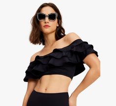 Swim sunbathe or strut to the snack bar in our ruffled off-the-shoulder top. | Kate Spade Ruffle Off-The-Shoulder Bikini Top, Black - XS Fitted Off-shoulder Top For Summer Party, Kate Spade Swimwear For Pool In Spring, Kate Spade Swimwear For Spring Pool Occasions, Kate Spade Swimwear For Spring Pool, Summer Party Strapless Off-shoulder Top, Party Swimwear With Ruffles, One Shoulder, One Shoulder Ruffle Swimwear For Party, One Shoulder Ruffled Swimwear For Party, One Shoulder Party Swimwear With Ruffles