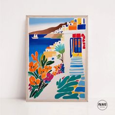 a painting on the wall with flowers in front of it and an ocean view behind it