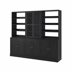 a black bookcase with two doors and three shelves on each side, in front of a white background