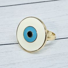 Evil Eye Enamel Round Ring Adjustable White Enamel Ring, Adjustable Enamel Promise Ring, Nickel Free White Round Ring, Adjustable Nickel-free Enamel Rings, Evil Jewelry, Evil Eye Ring Gold, Turkish Eye, Evil Eye Ring, Fashion Boho