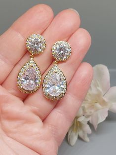 a pair of diamond earrings in the palm of someone's hand with flowers behind them