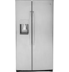 a stainless steel refrigerator freezer with water dispenser and ice maker on the door