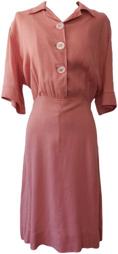 Rose midi dress with 3/4 length sleeves and collared neckline. There are three large buttons on front bodice. Small tear on right sleeve. Rose Midi Dress, Rose Shirts, Large Buttons, Vintage Rose, Vintage Roses, A Rose, Fit And Flare Dress, Vintage Boutique, Flare Dress