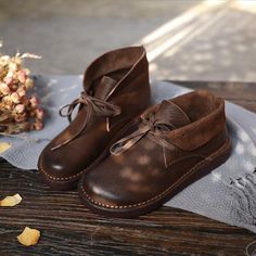 OBIONO Autumn Comfortable Handmade Retro Flats — Obiono Lace Up Leather Boots, Wood Shoes, Handmade Boot, Best Walking Shoes, Color Coffee, Retro Shoes, Shoes Collection, Round Toe Heels, Boot Bag