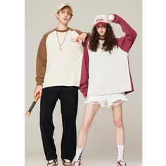 Unisex Color Block Raglan Shoulder Embroidery Long-Sleeved T-Shirt - graphictee.co Cotton Sweatshirt With Contrast Color Long Sleeves, Cotton Long Sleeve Sweatshirt With Contrast Color, Casual Sweater With Contrast Color, Crew Neck Cotton Sweater With Contrast Color, Cotton Crew Neck Sweater With Contrast Color, Spring Crew Neck Sweatshirt With Contrast Color, Casual Tops With Contrast Color And Crew Neck, Casual Crew Neck Top With Contrast Color, Casual Oversized Top With Contrast Color