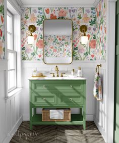 a bathroom with green and white wallpaper, checkered flooring and a sink